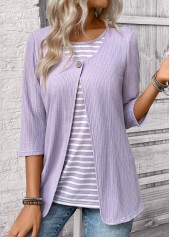 Light Purple Striped 3/4 Sleeve Fake Two Piece Twinset | thumb picture 