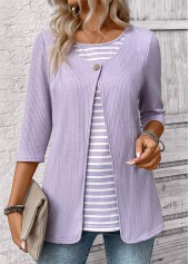 Light Purple Striped 3/4 Sleeve Fake Two Piece Twinset | thumb picture 