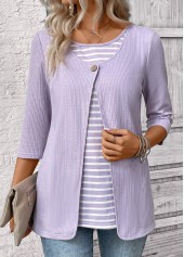Light Purple Striped 3/4 Sleeve Fake Two Piece Twinset