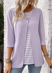 Light Purple Striped 3/4 Sleeve Fake Two Piece Twinset | thumb picture 