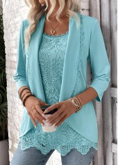 Mint Green Lace 3/4 Sleeve Square Neck T Shirt | modlily.com - USD 37.98