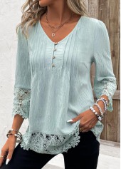 Light Green Tuck Stitch 3/4 Sleeve V Neck Blouse | thumb picture 