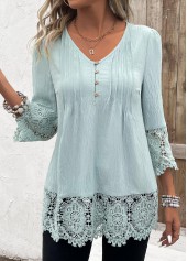 Light Green Tuck Stitch 3/4 Sleeve V Neck Blouse | thumb picture 