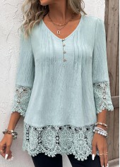 Light Green Tuck Stitch 3/4 Sleeve V Neck Blouse