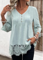 Light Green Tuck Stitch 3/4 Sleeve V Neck Blouse | thumb picture 