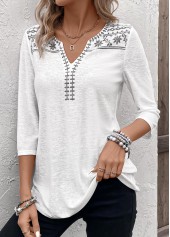 White Patchwork Floral Print 3/4 Sleeve Split Neck Blouse