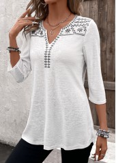 White Patchwork Floral Print 3/4 Sleeve Split Neck Blouse