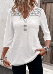 White Patchwork Floral Print 3/4 Sleeve Split Neck Blouse