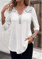 White Patchwork Floral Print 3/4 Sleeve Split Neck Blouse