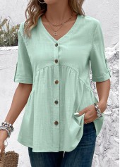 Light Green Patchwork Short Sleeve V Neck Blouse