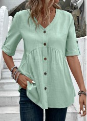 Light Green Patchwork Short Sleeve V Neck Blouse | thumb picture 