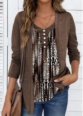 Dark Coffee Fake 2in1 Leopard Long Sleeve T Shirt