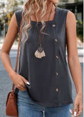 Dark Grey Button Sleeveless Square Neck Tank Top