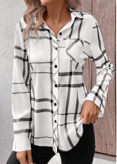 White Pocket Geometric Print Long Sleeve Shirt Collar Blouse | thumb picture 