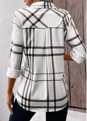 White Pocket Geometric Print Long Sleeve Shirt Collar Blouse | thumb picture 