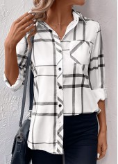 White Pocket Geometric Print Long Sleeve Shirt Collar Blouse | thumb picture 