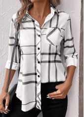 White Pocket Geometric Print Long Sleeve Shirt Collar Blouse