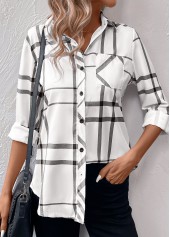 White Pocket Geometric Print Long Sleeve Shirt Collar Blouse | thumb picture 