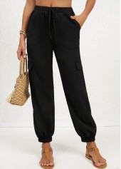 Black Double Side Pockets Jogger Elastic Waist Pants