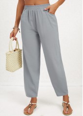 Grey Pocket Regular Elastic Waist High Waisted Pants