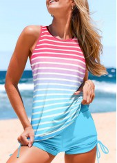 Cut Out Mid Waisted Multi Stripe Print Tankini Set