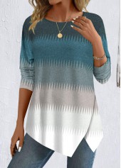Peacock Blue Patchwork Striped Long Sleeve T Shirt