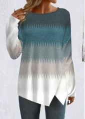 Peacock Blue Patchwork Striped Long Sleeve T Shirt | thumb picture 