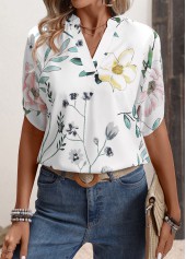 White Floral Print Short Sleeve Split Neck Blouse | thumb picture 