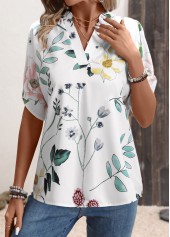 White Floral Print Short Sleeve Split Neck Blouse