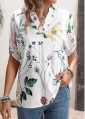 White Floral Print Short Sleeve Split Neck Blouse | thumb picture 