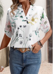 White Floral Print Short Sleeve Split Neck Blouse | thumb picture 
