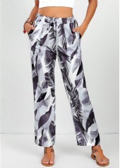 White Double Side Pockets Feathers Print Elastic Waist Pants | thumb picture 