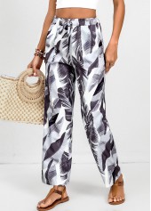 White Double Side Pockets Feathers Print Elastic Waist Pants | thumb picture 