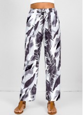 White Double Side Pockets Feathers Print Elastic Waist Pants | thumb picture 