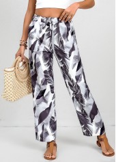 White Double Side Pockets Feathers Print Elastic Waist Pants | thumb picture 