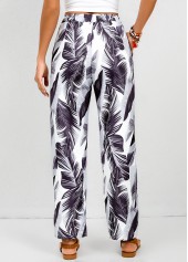 White Double Side Pockets Feathers Print Elastic Waist Pants | thumb picture 