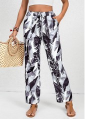 White Double Side Pockets Feathers Print Elastic Waist Pants