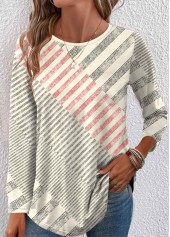 Beige Patchwork Geometric Print Long Sleeve T Shirt