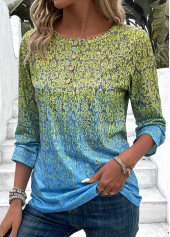 Blue Button Ombre 3/4 Sleeve Round Neck T Shirt