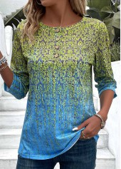 Blue Button Ombre 3/4 Sleeve Round Neck T Shirt