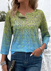 Blue Button Ombre 3/4 Sleeve Round Neck T Shirt