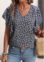 Black Patchwork Ditsy Floral Print Short Sleeve Blouse | thumb picture 