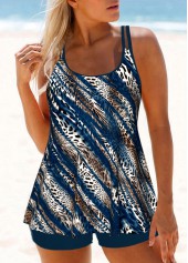 Patchwork Mid Waisted Leopard Peacock Blue Tankini Set