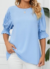 Light Blue Smocked Half Sleeve Round Neck Blouse