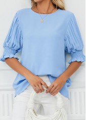 Light Blue Smocked Half Sleeve Round Neck Blouse | thumb picture 