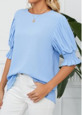 Light Blue Smocked Half Sleeve Round Neck Blouse | thumb picture 