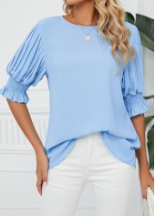 Light Blue Smocked Half Sleeve Round Neck Blouse | thumb picture 