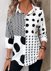 White Button Polka Dot Long Sleeve Shirt Collar Blouse