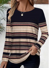 Black Striped Long Sleeve Round Neck T Shirt