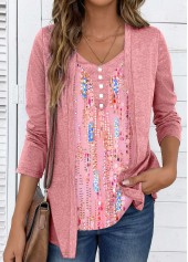 Pink Fake 2in1 Long Sleeve V Neck Blouse